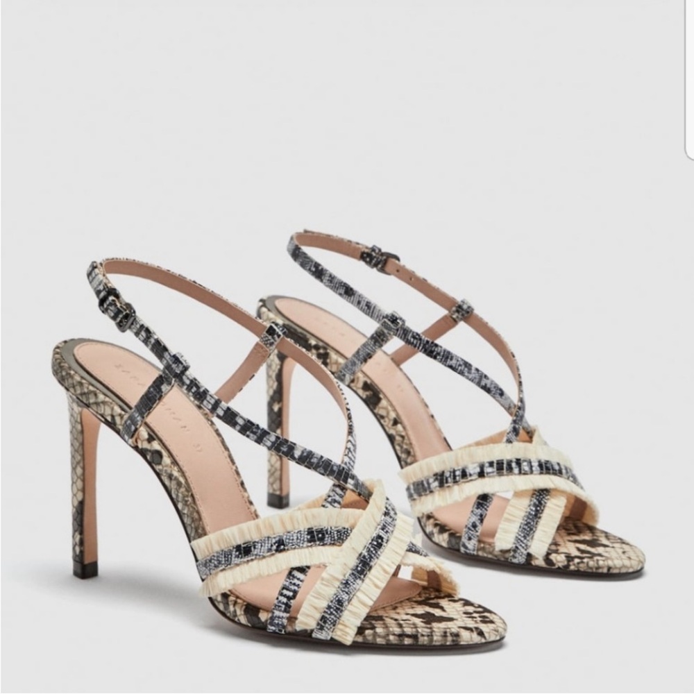 Zara Snakeskin Strappy Heels - Cream and Black - Picture 2 of 15